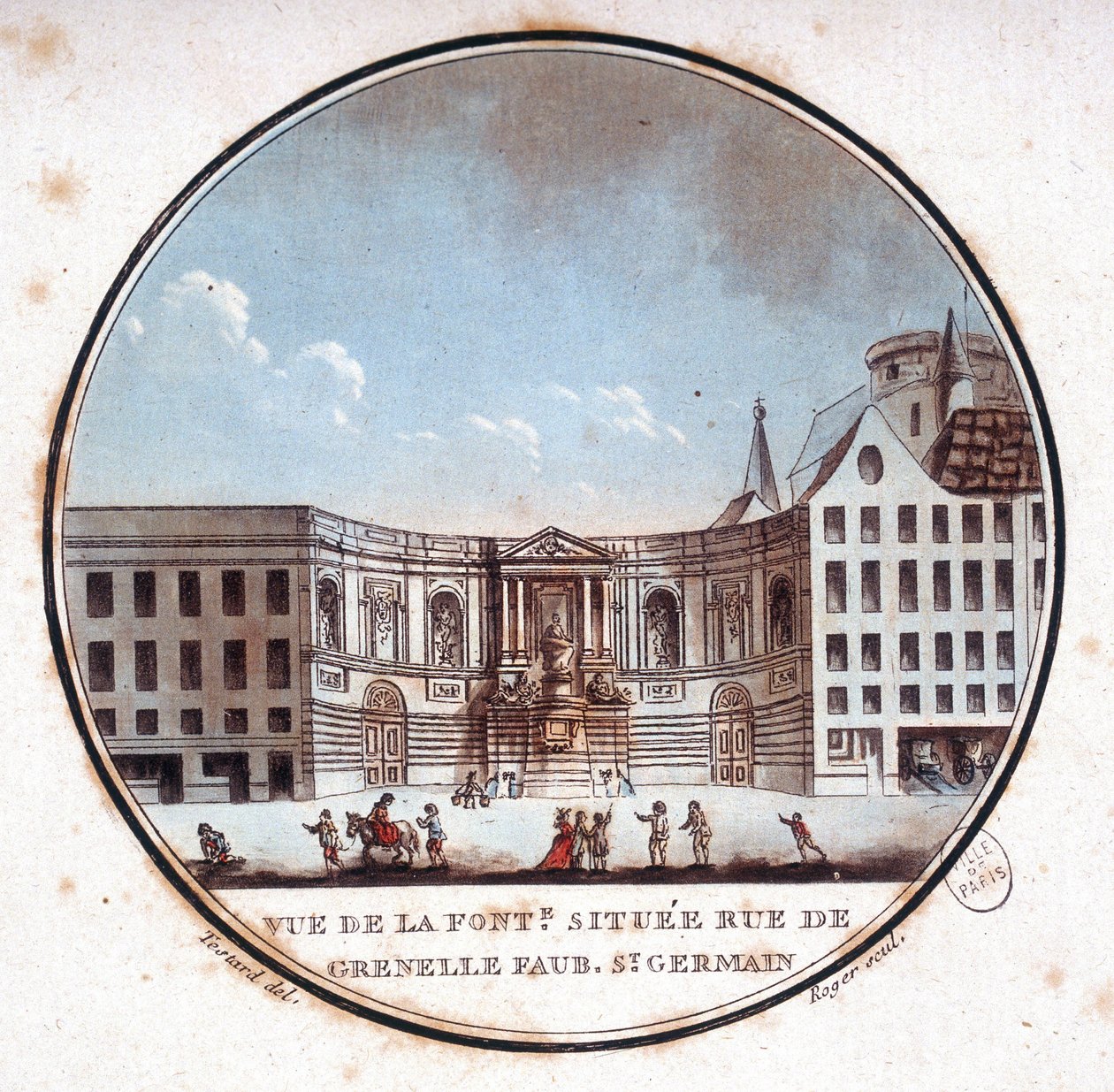 Udsigt over fontænen beliggende rue de Grenelle Faubourg Saint Germain, nuværende fontæne af Grenelle. I pittoresque udsigt over hovedbygningerne i Paris af sergent af Antoine Louis Francois Sergent Marceau