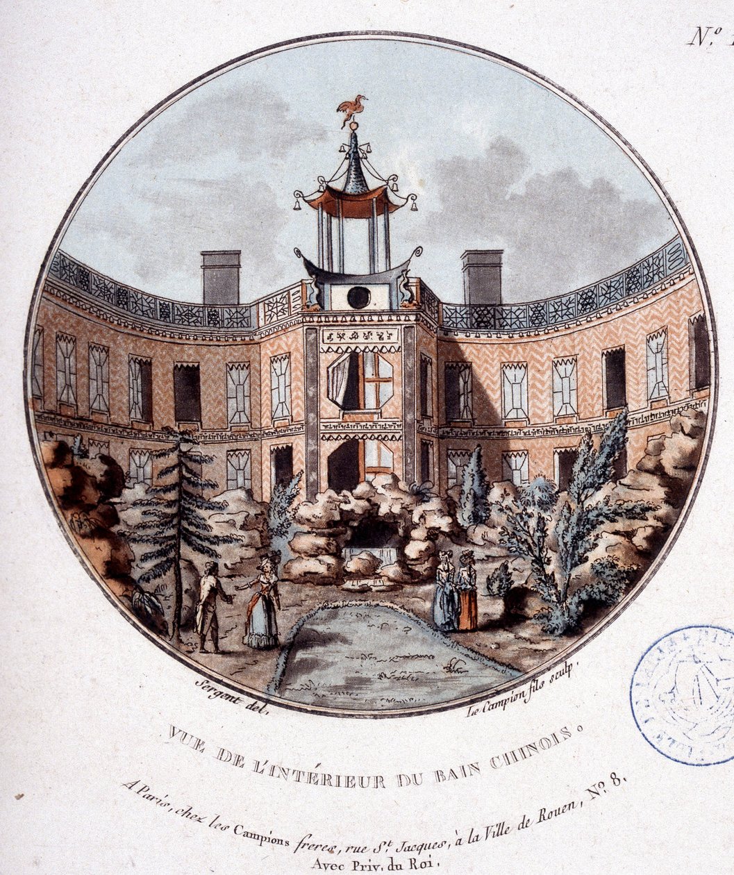 Udsigt over det indre af det kinesiske bad, Paris. I prittoresque udsigt over hovedbygningerne i Paris af sergent af Antoine Louis Francois Sergent Marceau