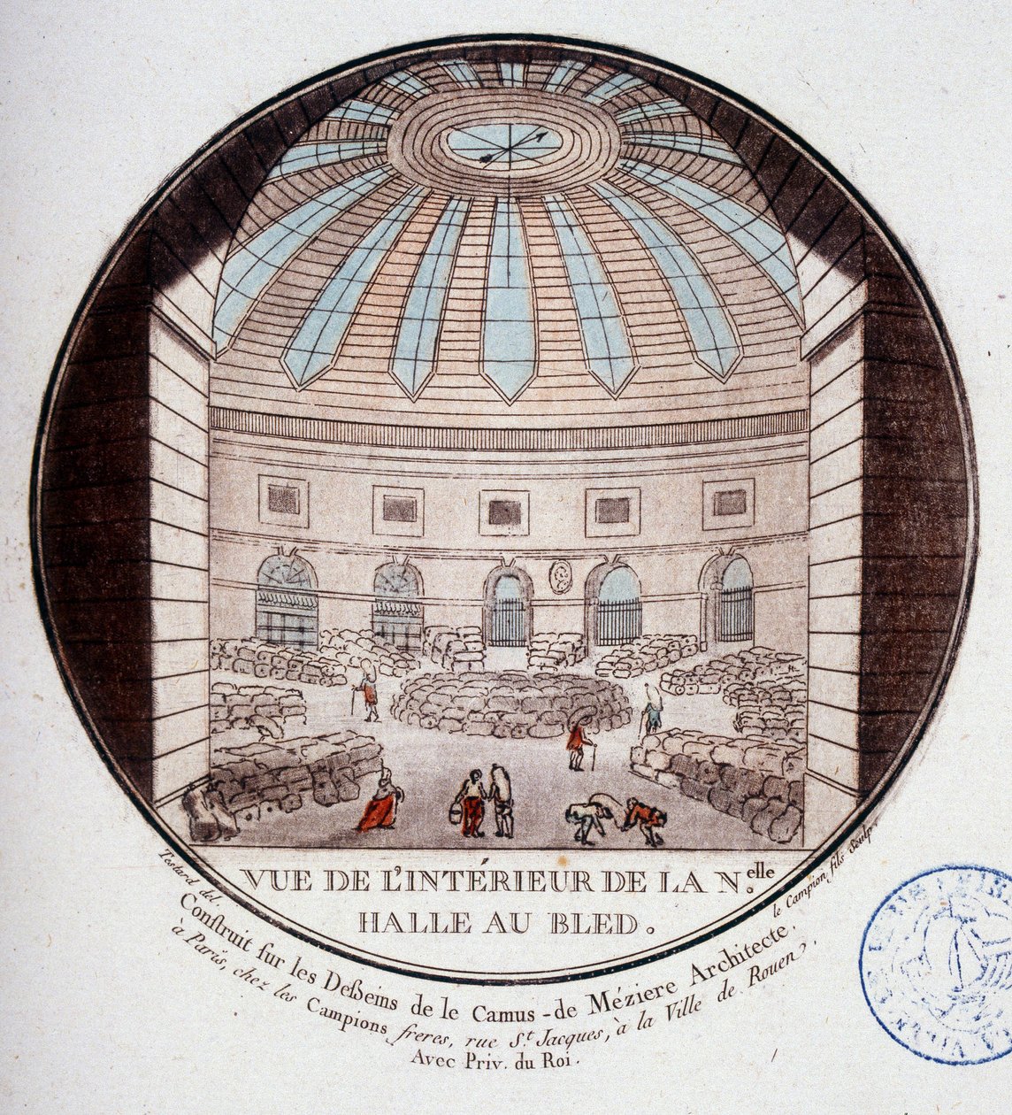 Udsigt over det indre af den nye markedshal bygget af Le Camus de Mézières mellem 1763 og 1766, i dag børsen i Paris. I prittoresque udsigt over hovedbygningerne i Paris af sergent af Antoine Louis Francois Sergent Marceau