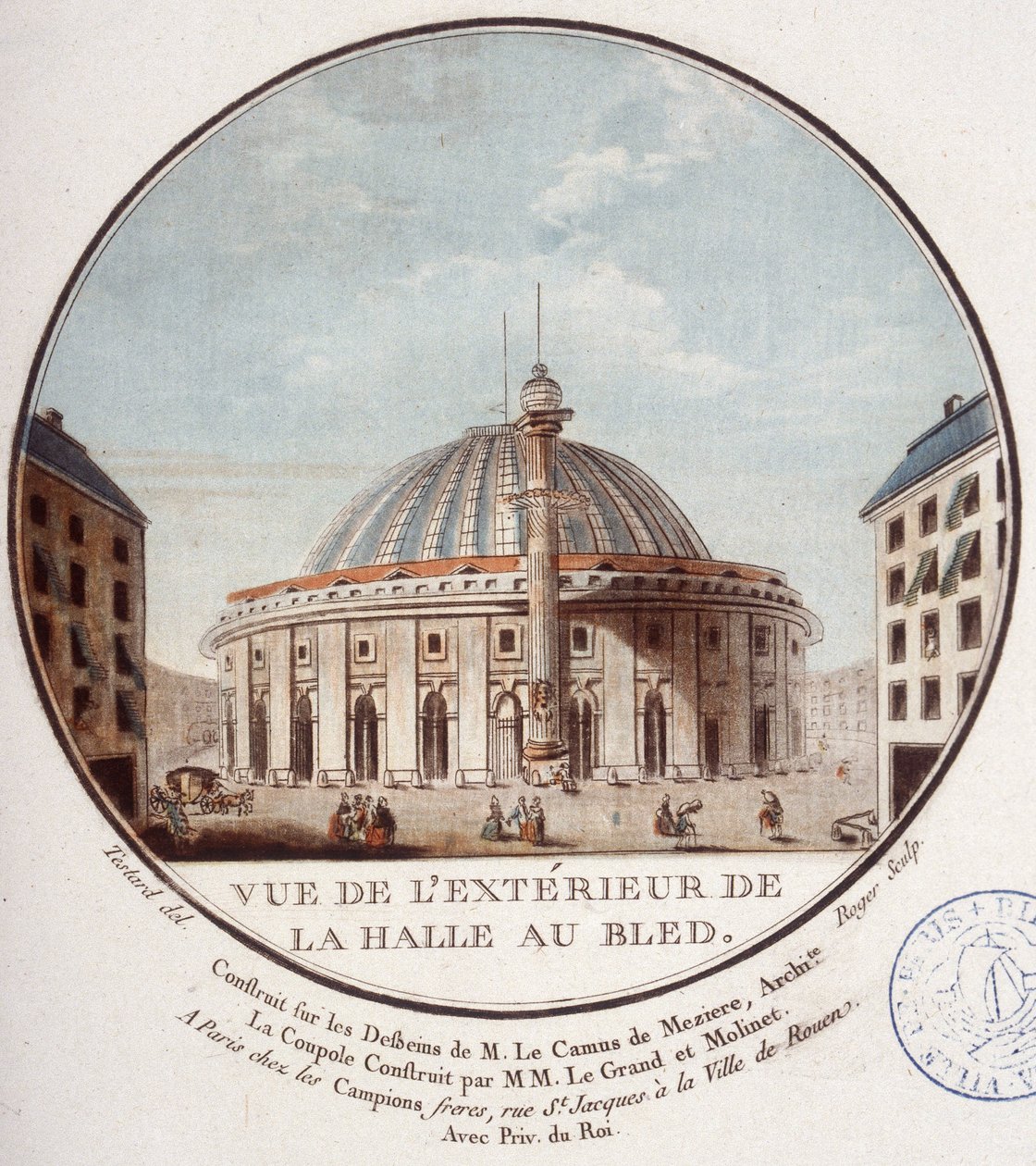 Udsigt til ydersiden af hvedemarkedet, Paris bygget af Le Camus de Mézières mellem 1763 og 1766, i dag børsen i Paris. I prittoresque udsigt over hovedbygningerne i Paris af sergent af Antoine Louis Francois Sergent Marceau
