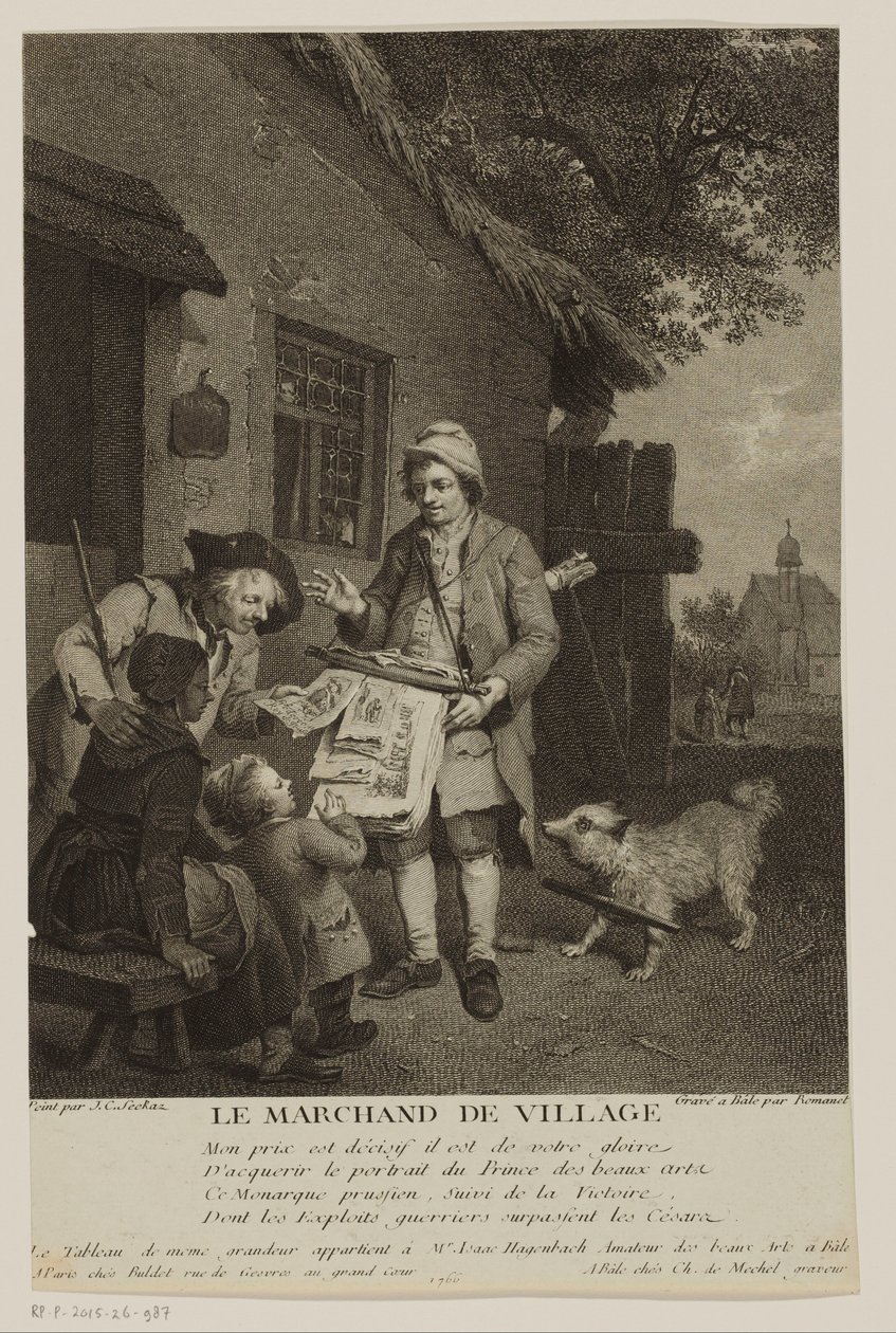 Omrejsende tryksælger i en landsby Le Marchand de Village (titel på objekt) af Antoine Louis Romanet