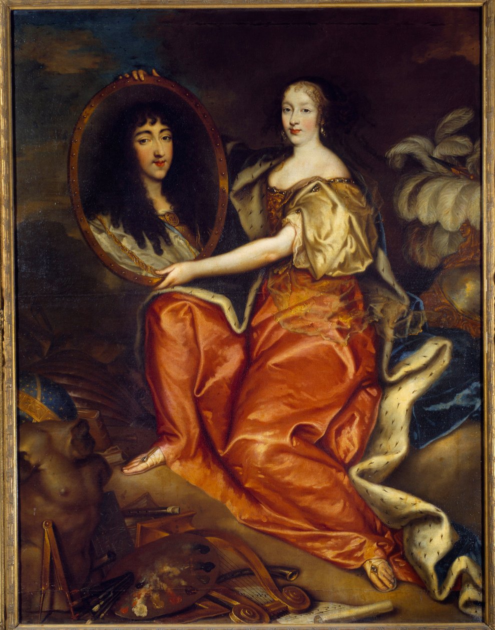 Portræt af Henriette Anne (Henriette-Anne) af England (1644-1670) Hertuginde af Orleans, der holder portrættet af Philippe Duc af Orleans (1640-1701) dit Monsieur. Dobbeltportræt: Abyme-maleri i et maleri. Maleri af Antoine Mathieu (1631-1673) 1664 søn. af Antoine Mathieu