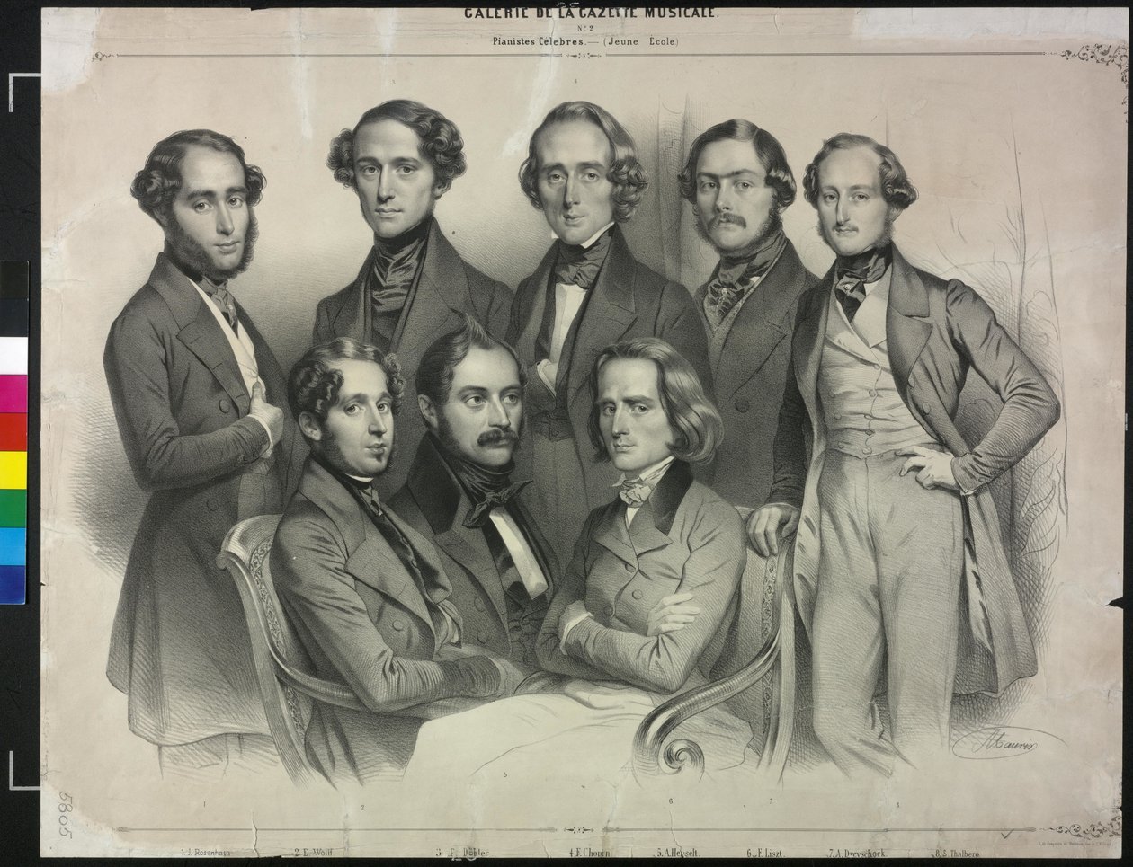 Gruppe af berømte pianister (litografi) af Antoine Maurin