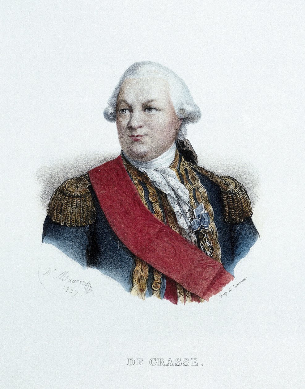 Portræt af admiral François Joseph Paul De Grasse (1722-1788). Litografi (23,9 x 15,6 cm), arbejde af Antoine Maurin (1793-1890), kobberstik Lemercier af Antoine Maurin