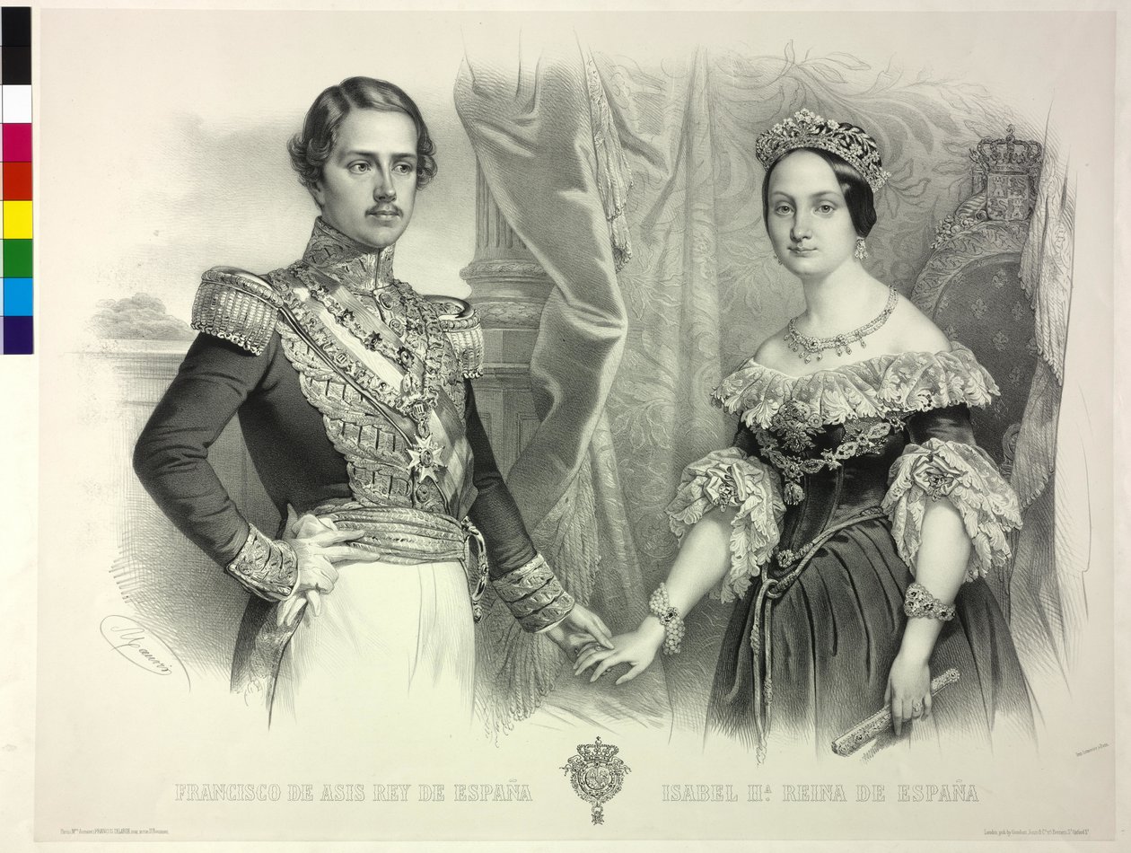 Dronning af Spanien og hendes mand Franz Isabella II (litografi) af Antoine Maurin