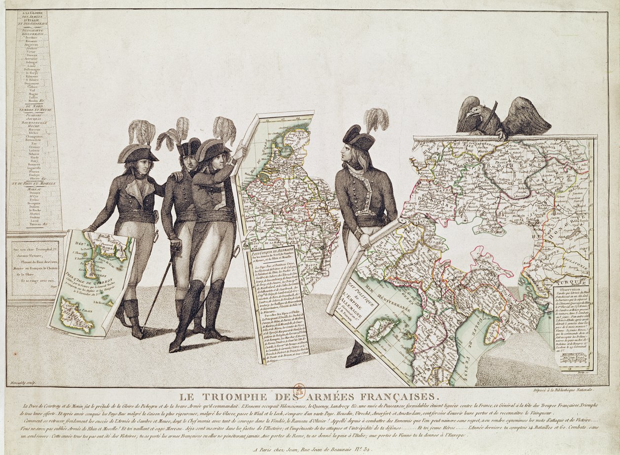 De franske hærers triumf, Napoleon og hans generaler med kort over deres sejre ved freden i Loeben, 18. april 1797, ca.1797 af Antoine Maxime Monsaldy