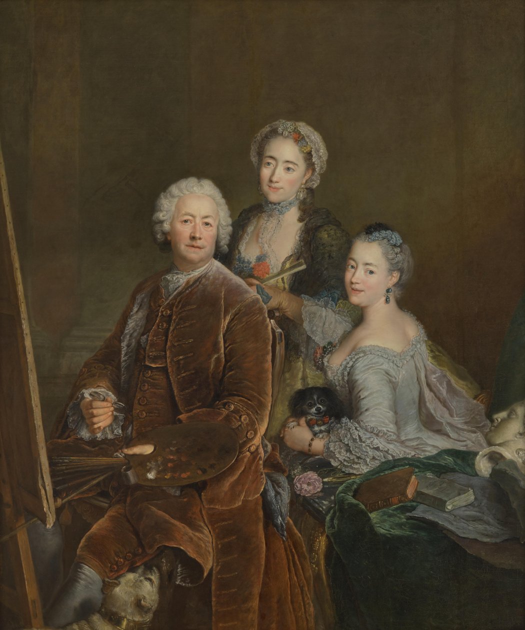 Selvportræt foran staffeliet med døtrene Henriette Joyard og Marie de Rège af Antoine Pesne