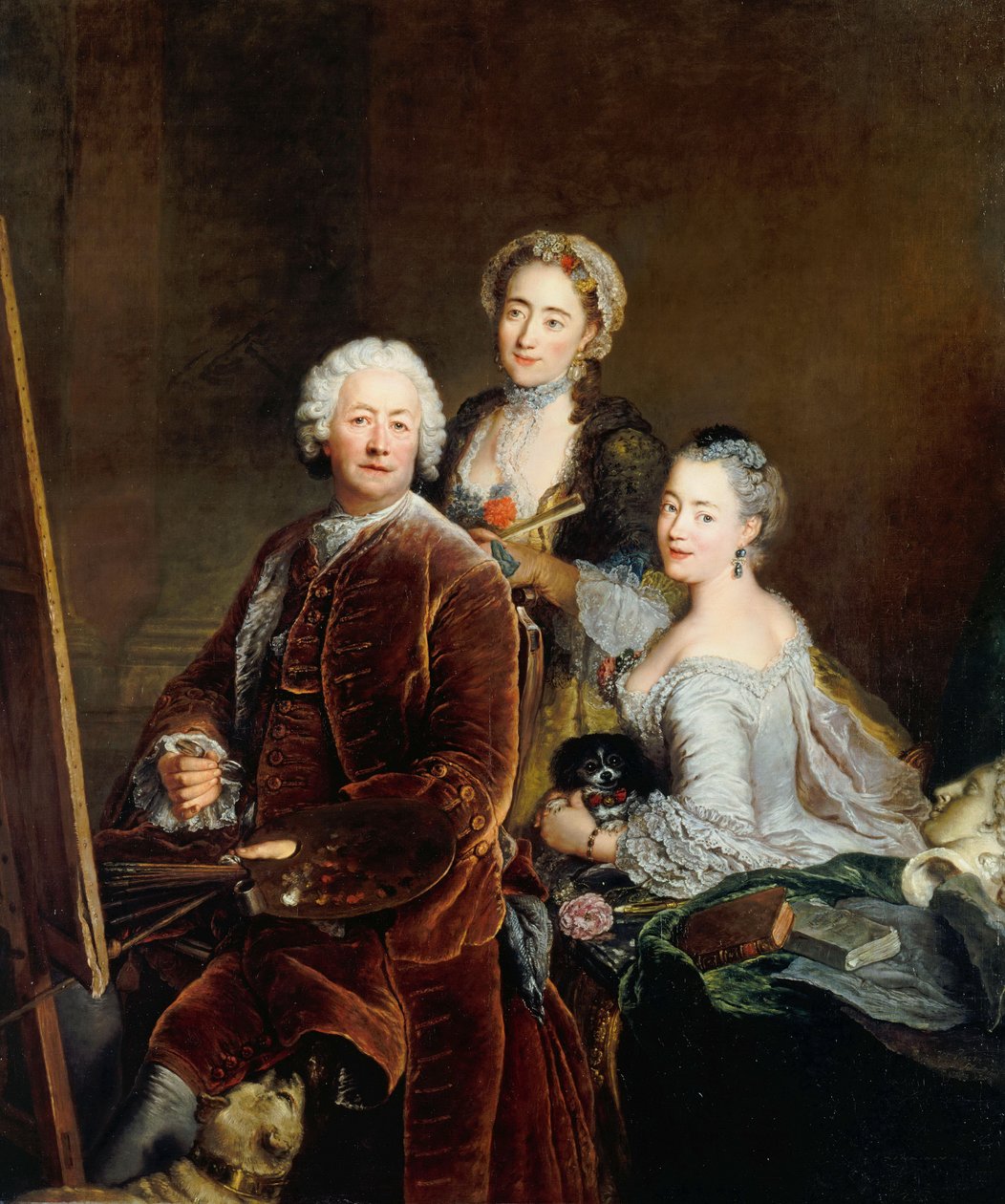 Selvportræt med døtrene Henriette Royard og Marie de Rège foran staffeliet af Antoine Pesne
