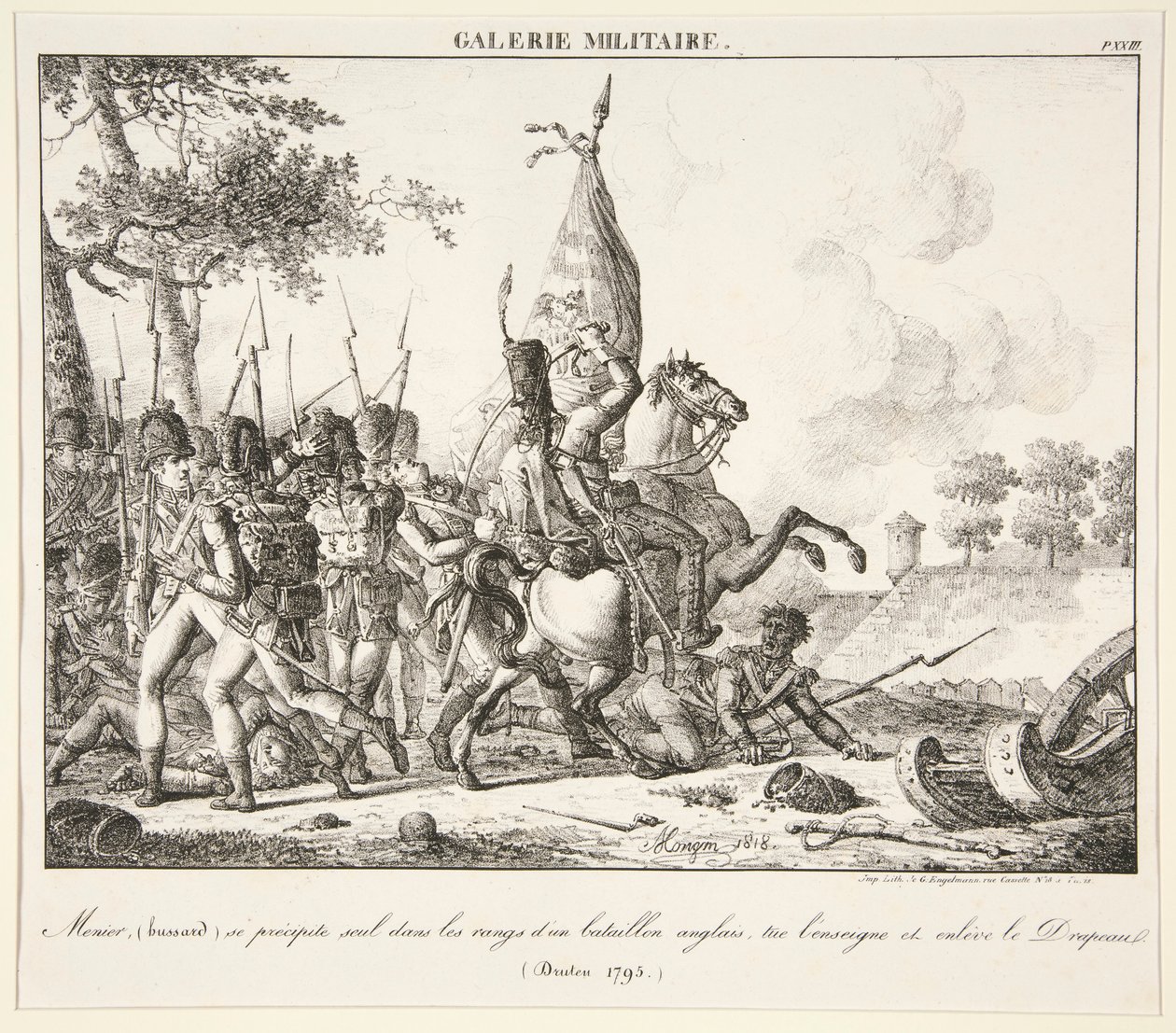 Menier (Hussar) kaster sig alene ind i rækken af en engelsk bataljon, dræber fanken og erobrer flaget (Druten, 1795) af Antoine Pierre Mongin