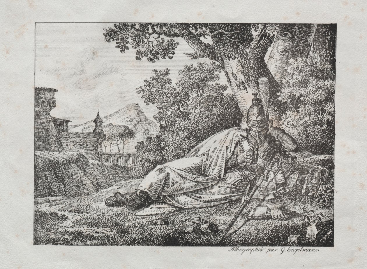 Samling af litografiske essays: Rygende drage ligger ved foden af ​​et træ, 1822. af Antoine Pierre Mongin