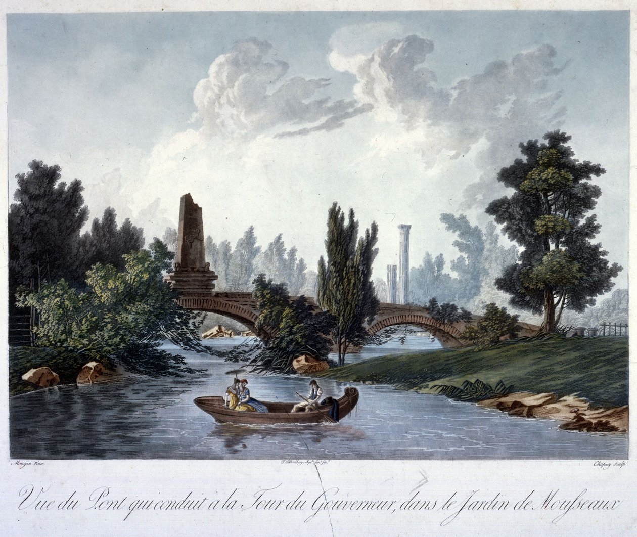 Bro til Tour du Gouverneur i Parc Monceau, indgraveret af Chapuy (akvatint) af Antoine Pierre after Mongin
