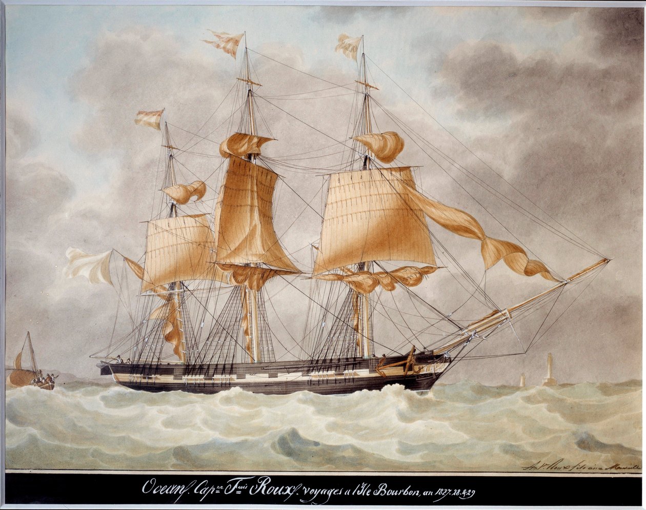 Havet tre kvadratiske måtter, tur til øen Bourbon Akvarel af Antoine Roux (1765-1835) 1827-1829 Marseille, Marine Museum af Antoine Roux