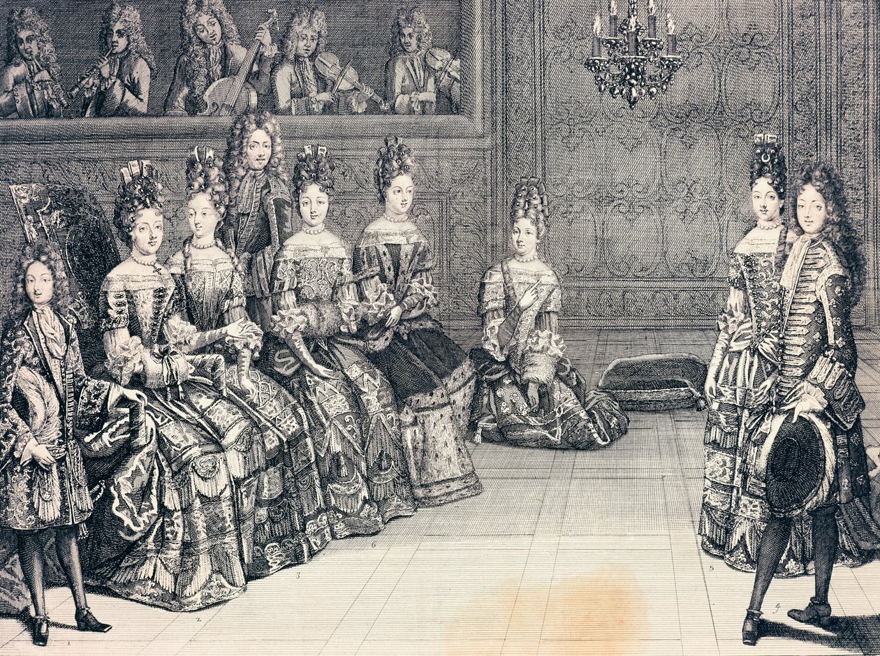 Hertugen af Burgund, hertuginden af Maine, prinsessen af Conti og hertugerne af Chartres lytter til musik, kobberstik, Frankrig af Antoine Trouvain