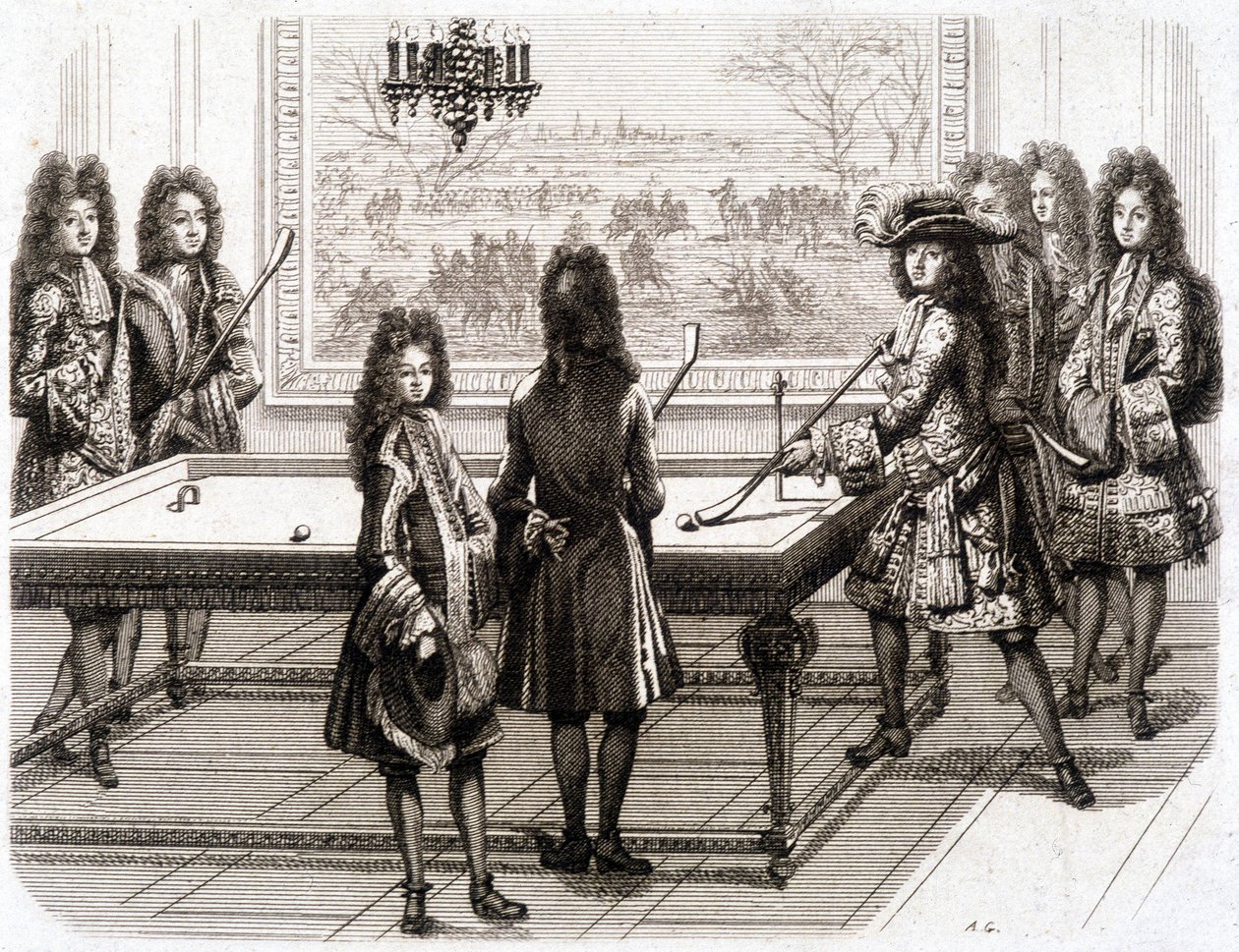 Ludvig XIV spiller billard (med Monsieur (kongens bror), hertug af Vendôme, greve af Toulouse, Chamillart, le Roi, M. d