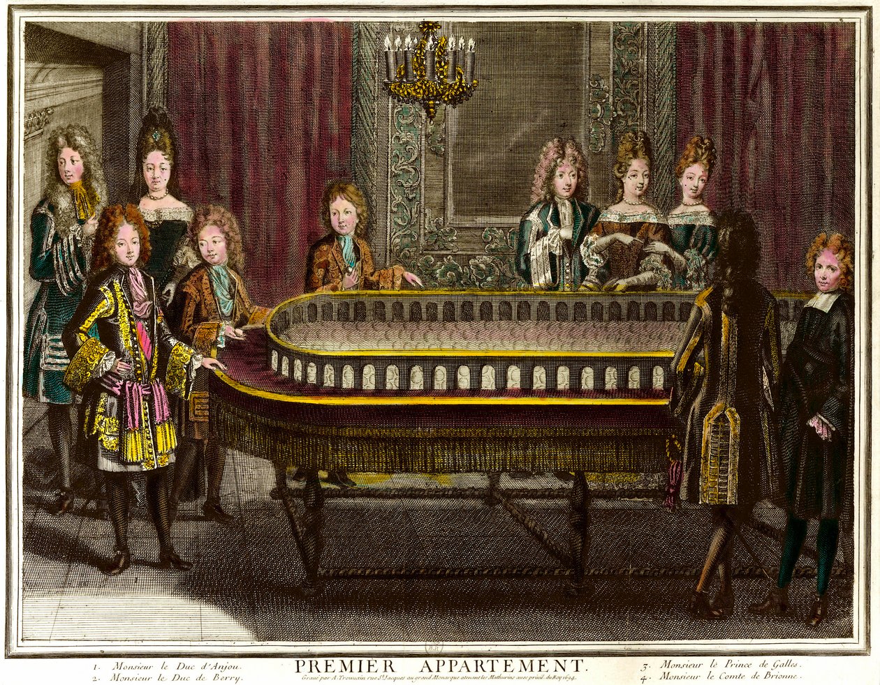 Philippe af Frankrig, hertug af Anjou, dengang konge af Spanien (1683-1746), Charles, hertug af Berry (1686-1714) og prins af Wales spiller portik i Louis XIV