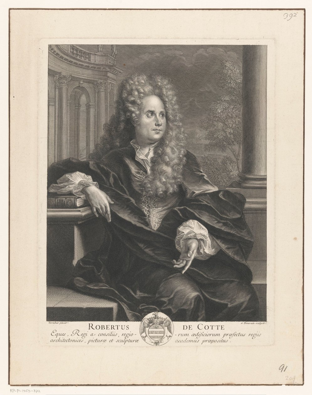 Portræt af Robert de Cotte læner sig op ad en bog i klassisk arkitektur Robert De Cotte (titel på objekt) af Antoine Trouvain