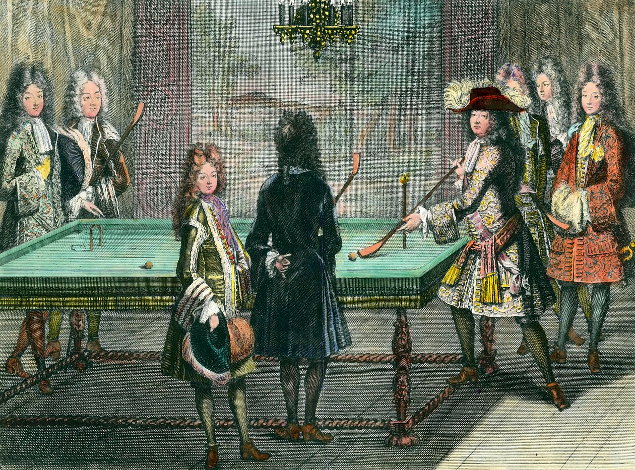 Kongelig forlystelse i Versailles, kong Louis XIV (1638-1715) spiller billard med Philippe Duc d