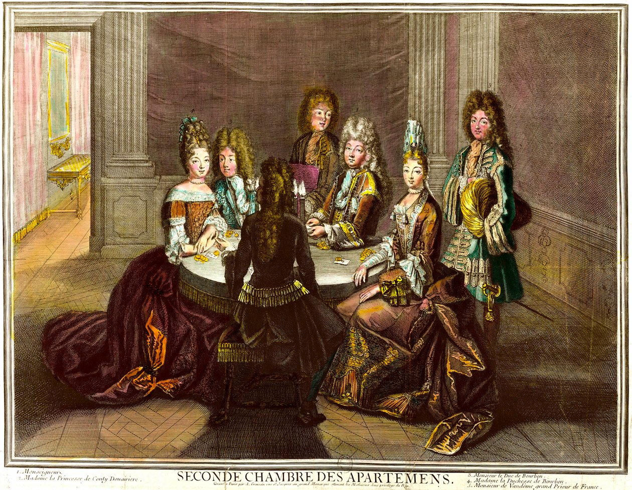 Gården spille kort i det andet soveværelse af lejlighederne i Louis XIV. gravering af Antoine Trouvain (1656-1708) af Antoine Trouvain