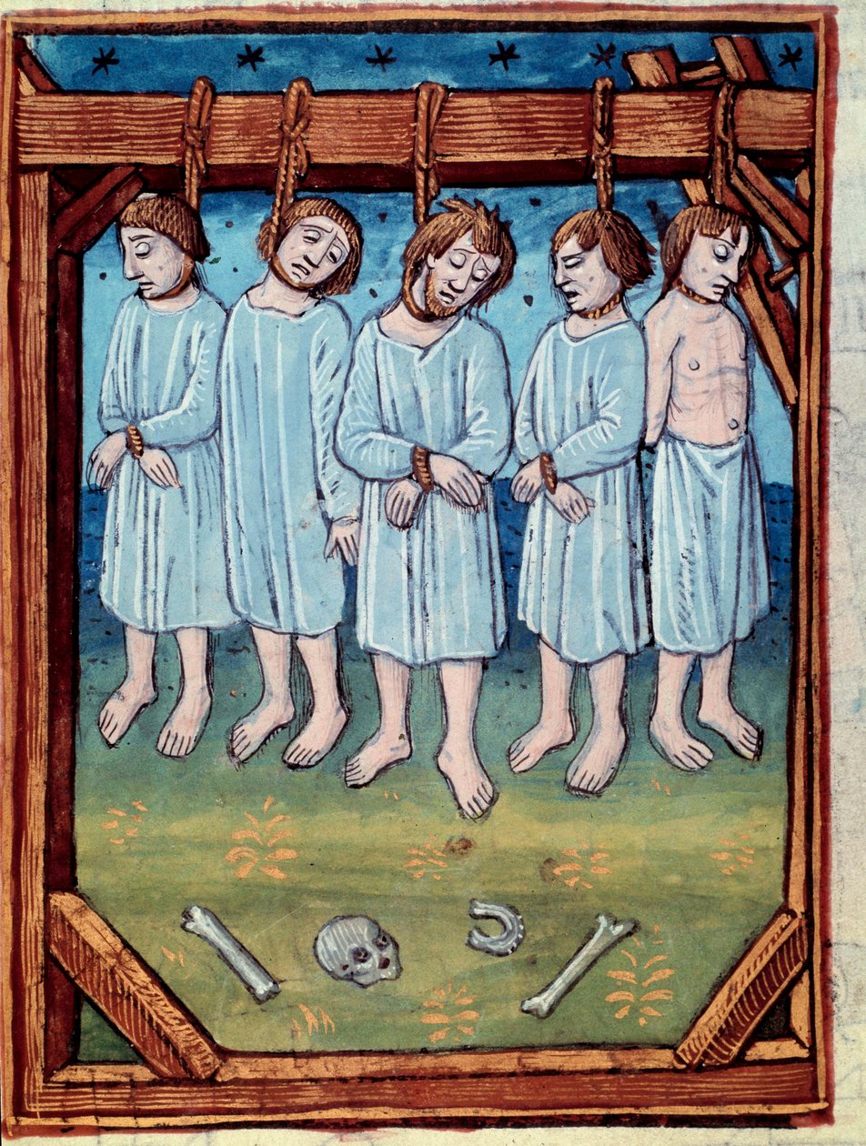 Fem mænd hængt. Miniature i "" chronicles de Saint Denis" Paris, Antoine Verard af Antoine Verard