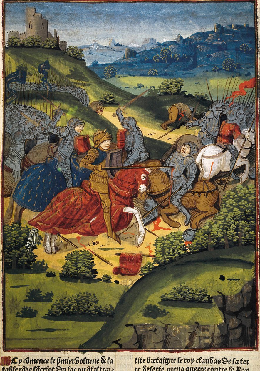 Lancelot i en kamp - VERARD, Antoine (1400-tallet). engelsk forlægger og boghandler.; LANCELOT (6. årh.). Ridder af kong Arthurs hof. Lancelot i en kamp. Illustration af "Lancelot du Lac" af Antoine Verard (1494). Gotisk kunst. Miniature maleri. FR af Antoine Verard