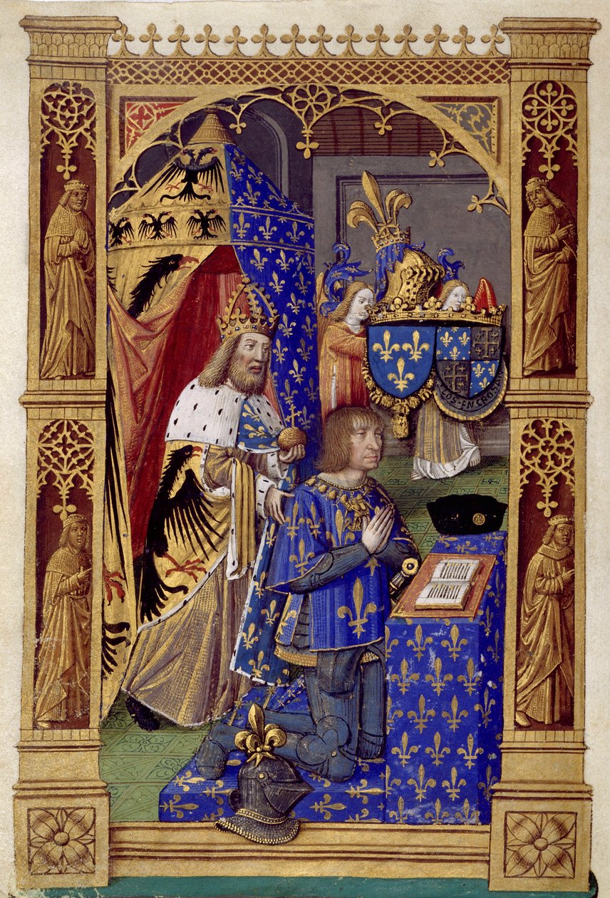 Kongen af ​​Frankrig Ludvig XII (1462-1515) i bøn med Karl den Store bag sig - Miniature af Antoine Verard (1485-1512) I ""Charles VIII