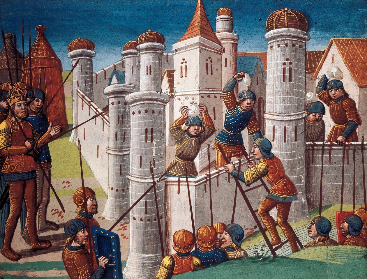 Belejring af en by, miniature fra manuskriptet "Romanen om Ogier the Dane" af Antoine Verard