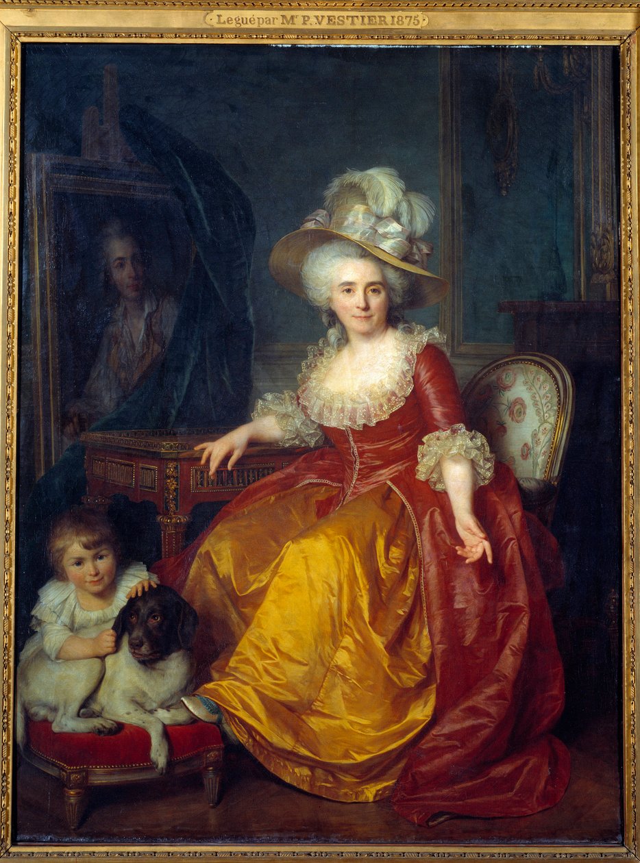 Portræt i foden af Madame Vestier (1740-1831) med et barn ved fødderne, der kniber øret på en hund. Maleri af Antoine Vestier (1740-1824) 1787 Søn. 1,76x1,34 m af Antoine Vestier