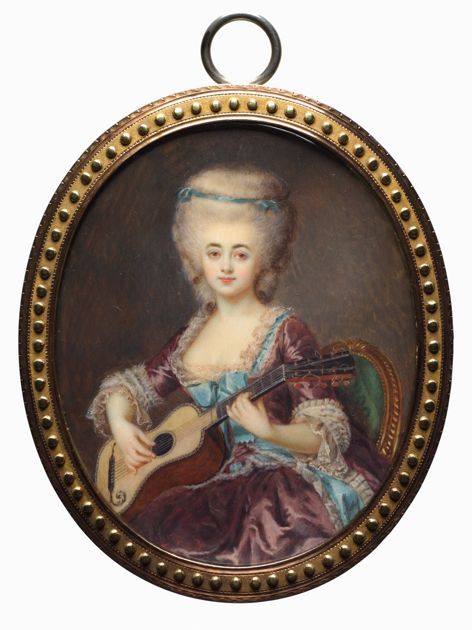 Portræt af en kvinde med en guitar, kaldet Louise DAumont, Mazarin..., slutningen af det 18. århundrede. af Antoine Vestier