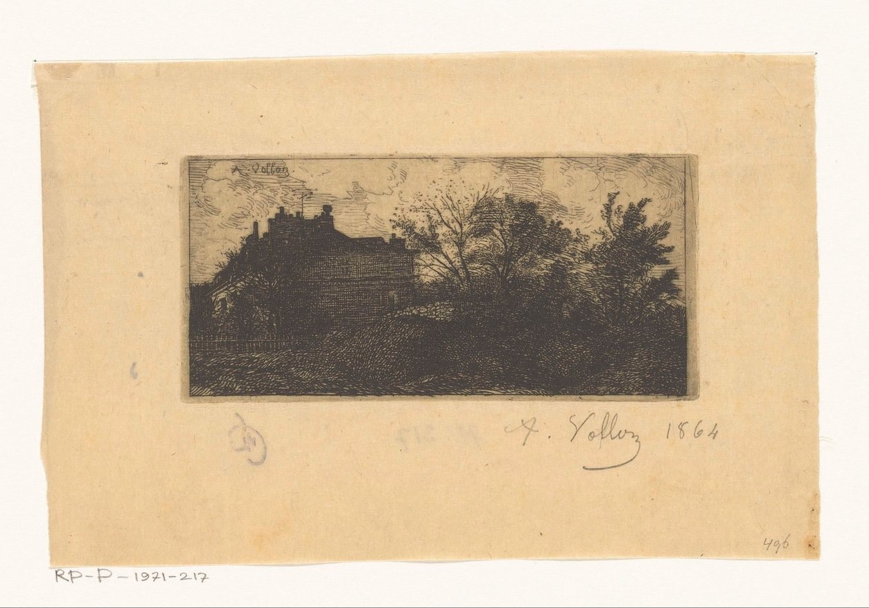Landskab med huse bag et hegn og træer i forgrunden af Antoine Vollon (signed by artist)