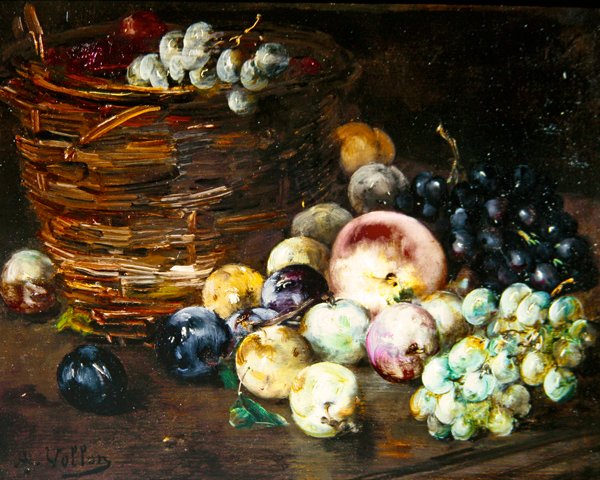 Stilleben af en kurv med frugter på et bord, ca. 1870 (olie på lærred) af Antoine Vollon