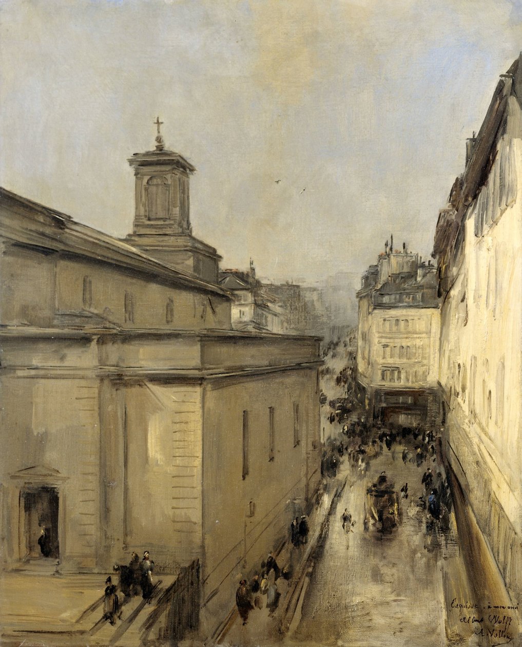 Udsigt over kirken Notre Dame de Lorette og Rue Fléchier, Paris af Antoine Vollon