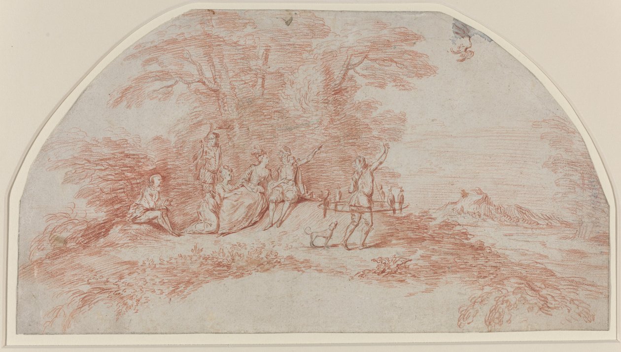 En Fête Galante med Falkoner af Antoine Watteau