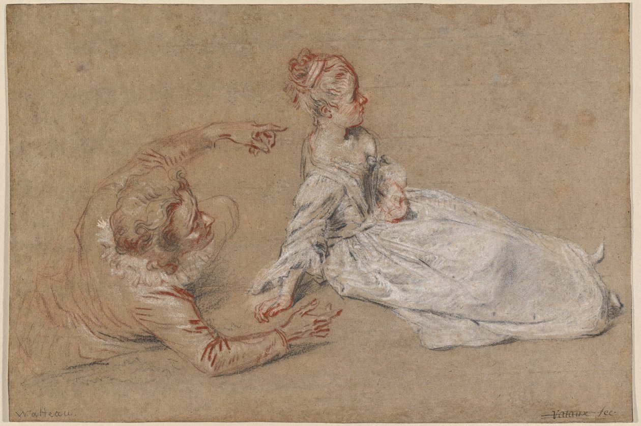 En mand, der læner sig tilbage, og en kvinde, der sidder på jorden af Antoine Watteau