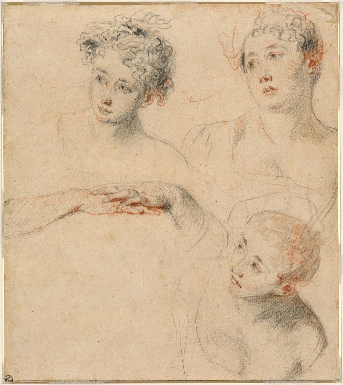 Tre studier af en kvindes hoved og en undersøgelse af hænder [recto] af Antoine Watteau