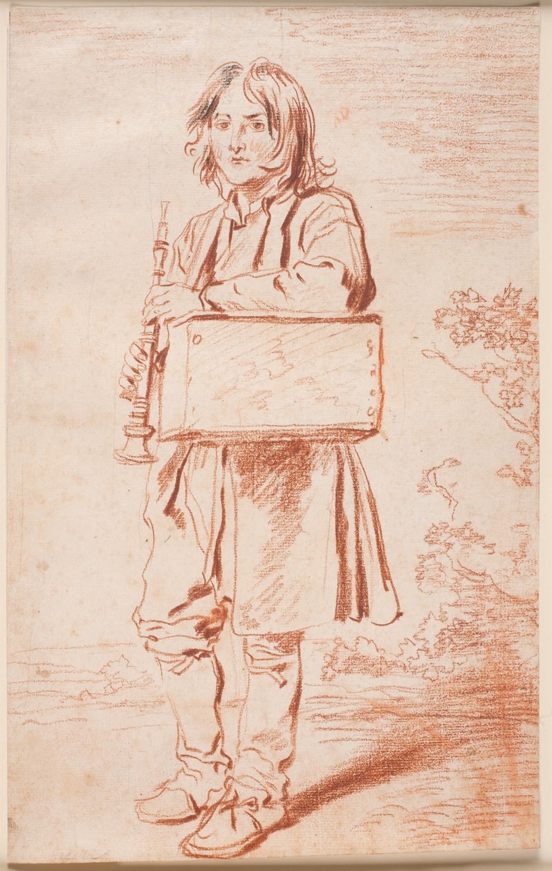 Ung Savoyarder. Helfigur en face t.v., stående, over den ene skulder hænger en kasse med murmeldyret, i hænderne holder han fløjten af Antoine Watteau