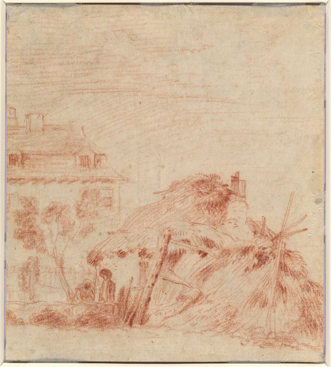 Udsigt over et hus, et sommerhus og to figurer [verso] af Antoine Watteau