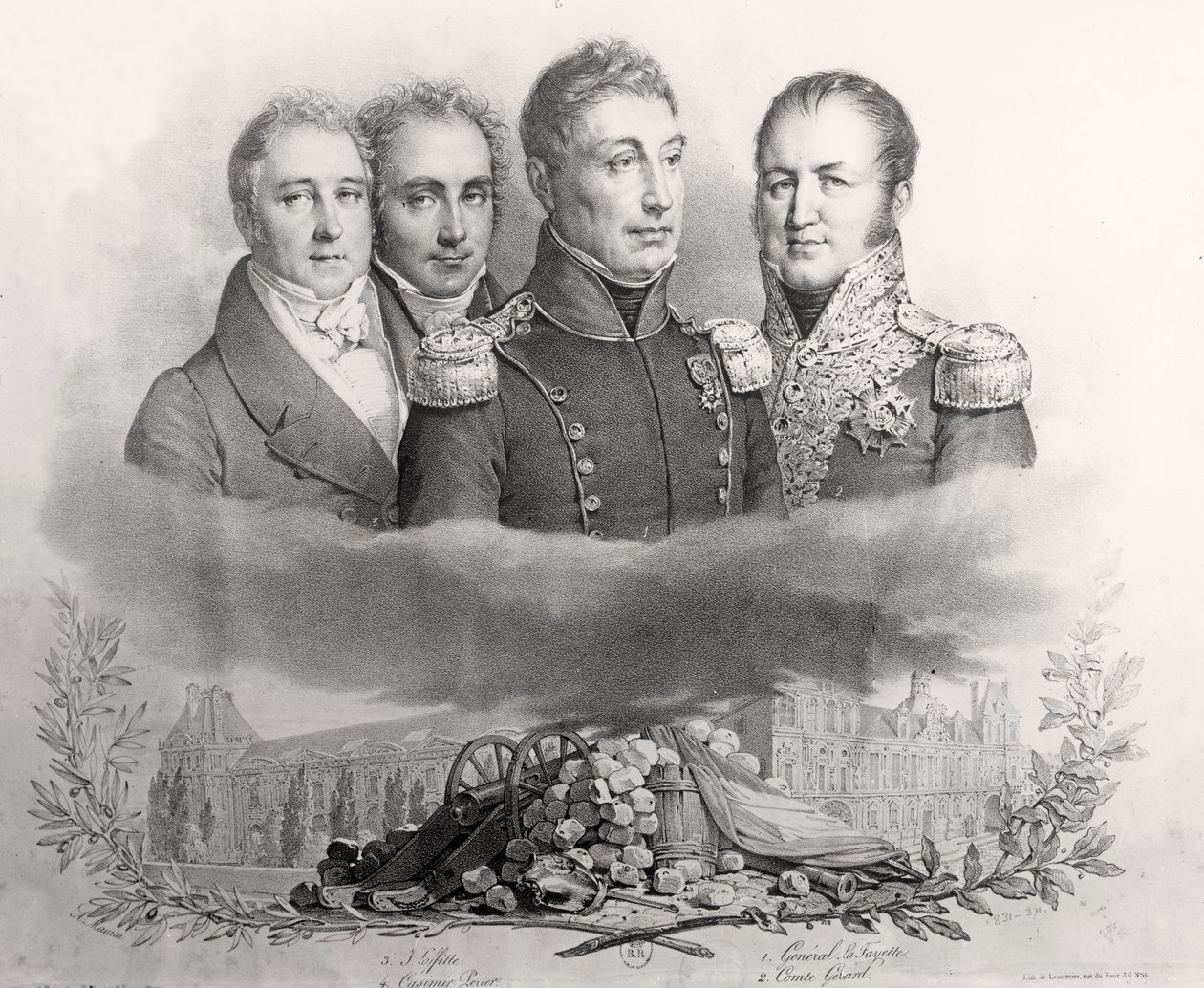 Den provisoriske regering af 29. juli 1830. L til R: Jacques Lafitte (1767-1844), Casimir Perier (1777-1832), General Lafayette (1757-1834) og Comte Etienne Maurice Gerard (1773-1852) 1831 ( af Antoine Maurin