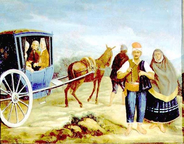 Adelsmænd i en maltesisk kaless, der bærer Mesteren de Rohans våben, passerer maltesiske bønder i vejkanten af Antoine de (circle of) Favray