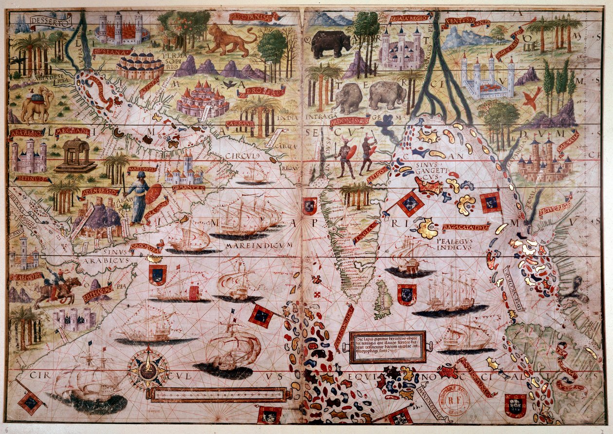 Indes portugisiske søatlas. Side af Atlas Miller-manuskriptet lavet i 1519 af Pierre og Georges Reinel, Lopo Homem (kartografer) og Antoine de Hollande (miniaturist). 16. århundrede. Paris, B N. af Antoine de Hollande