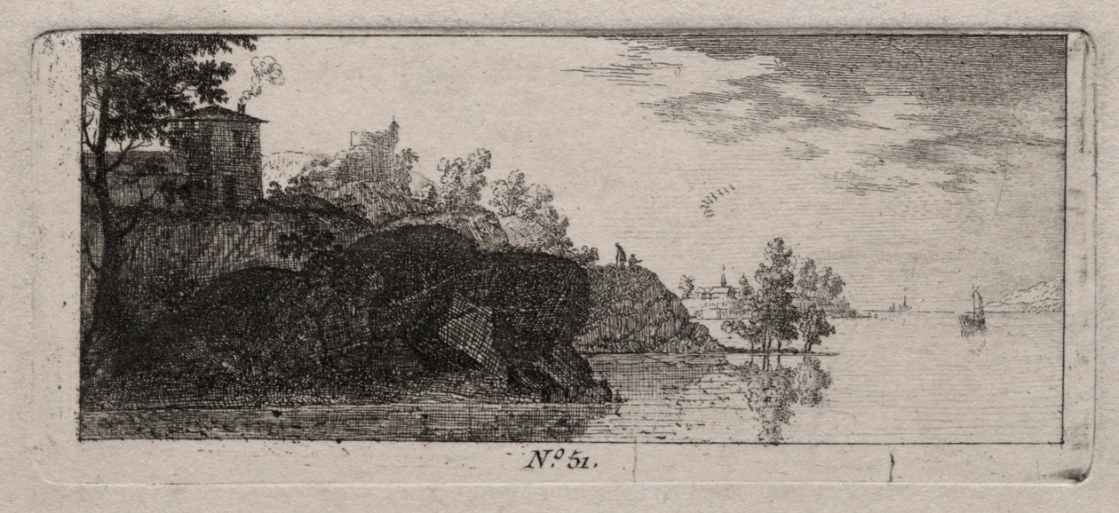 Sommerhus på en klippefyldt forhøjning langs en flod. af Antoine de Marcenay de Ghuy