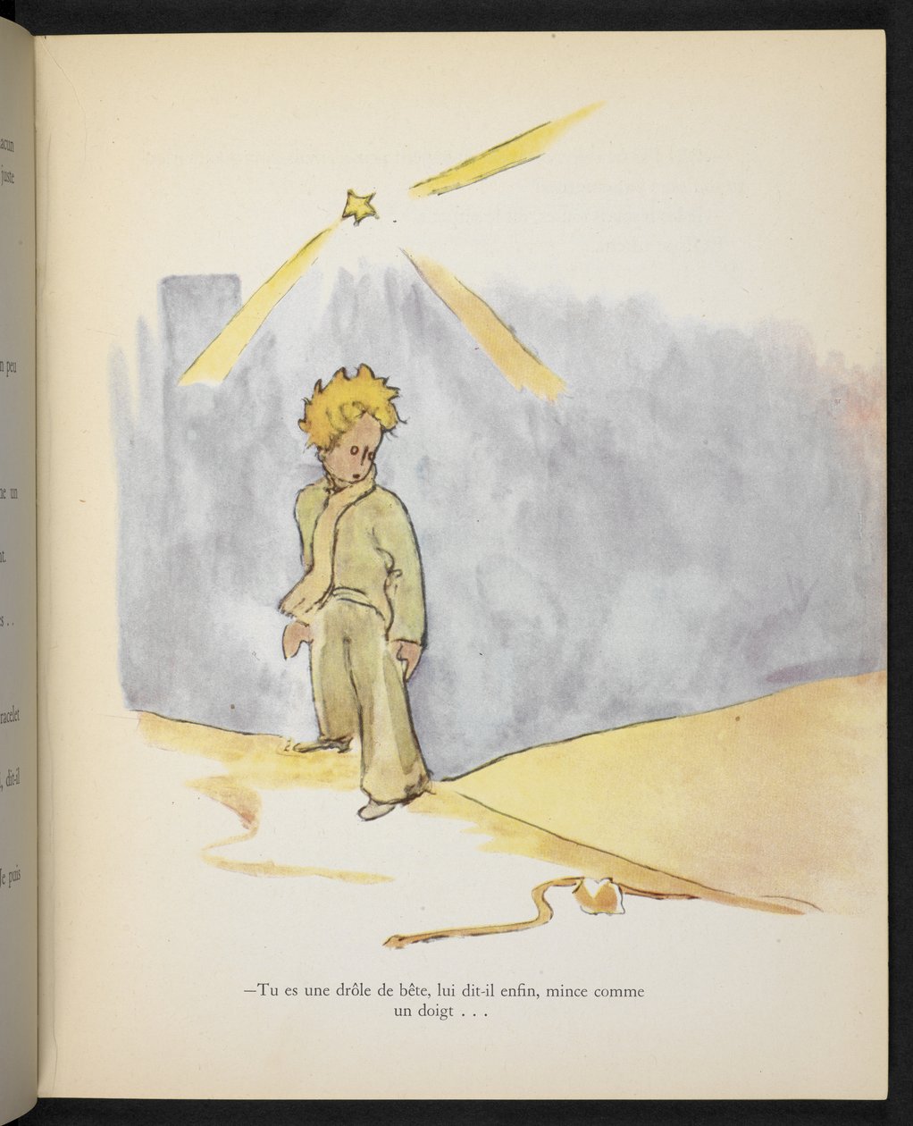 "Du er et sjovt dyr, sagde han endelig til ham, slank som en finger", illustration fra "Le Petit Prince" af Antoine de Saint-Exupéry. af Antoine de Saint Exupery