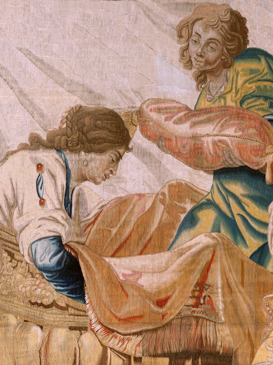 flamsk gobelin. Serien Story of Theseus. Bacchus tager Ariadne som sin kone (Baco toma a Ariadna por esposa). Niende gobelin i serien. Model Anthonis Sallaert. Fremstilling Jan Raes den yngre, Bruxelles. Ca 1630. ; Stof Silke og uld. Størrelse 392 x 45 af Antoine or Anthonis Sallaert