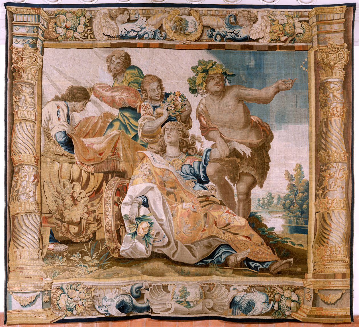 flamsk gobelin. Serien Story of Theseus. Bacchus tager Ariadne som sin kone (Baco toma a Ariadna por esposa). Niende gobelin i serien. Model Anthonis Sallaert. Fremstilling Jan Raes den yngre, Bruxelles. Ca 1630. ; Stof Silke og uld. Størrelse 392 x 45 af Antoine or Anthonis Sallaert