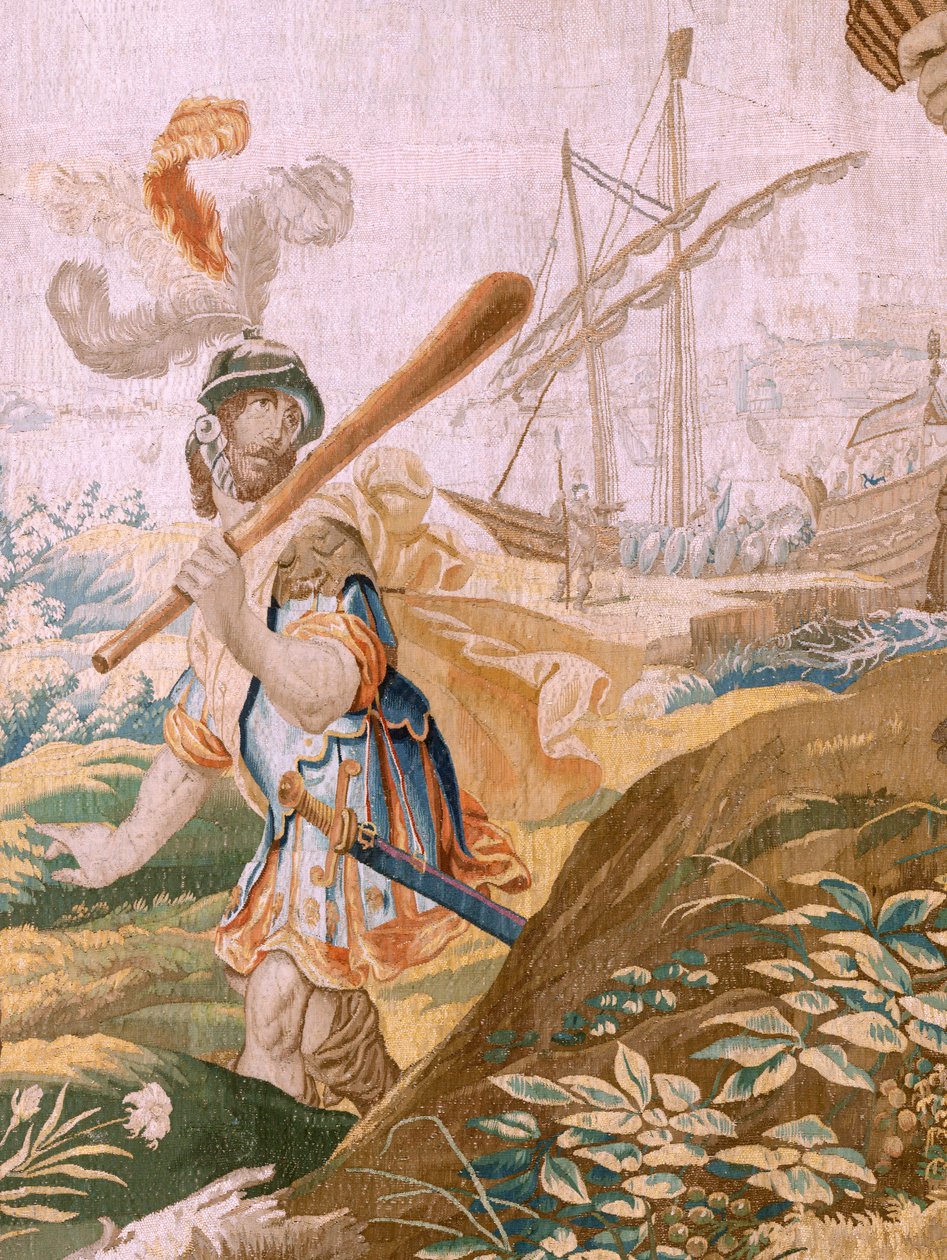 Flamsk tapestry. Seriehistorie om Theseus. Theseus opgiver Ariadne på øen Naxos (Teseo Abandona A Ariadna en la Isla de Naxos). Ottende tapestry i serien. Model Anthonis Sallaert. Fremstilling af Jan Raes den yngre, Bruxelles. CA 1630. Stof S af Antoine or Anthonis Sallaert