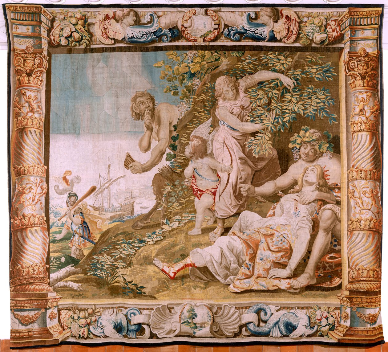 flamsk gobelin. Serien Story of Theseus. Theseus forlader Ariadne på øen Naxos (Teseo abandona a Ariadna en la Isla de Naxos). Ottende gobelin i serien. Model Anthonis Sallaert. Fremstilling Jan Raes den yngre, Bruxelles. Ca 1630. Stof S af Antoine or Anthonis Sallaert