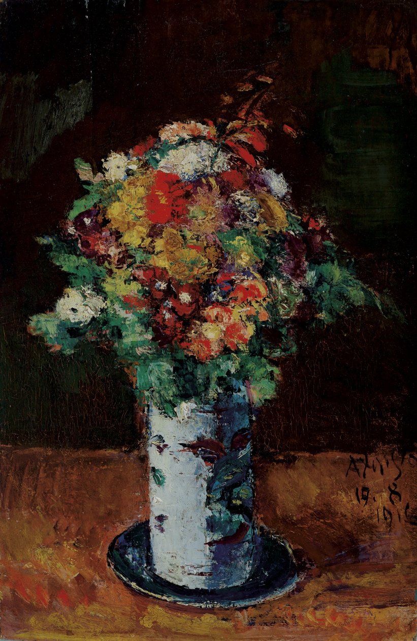 Buket blomster i rullekande på tallerken af Anton Faistauer