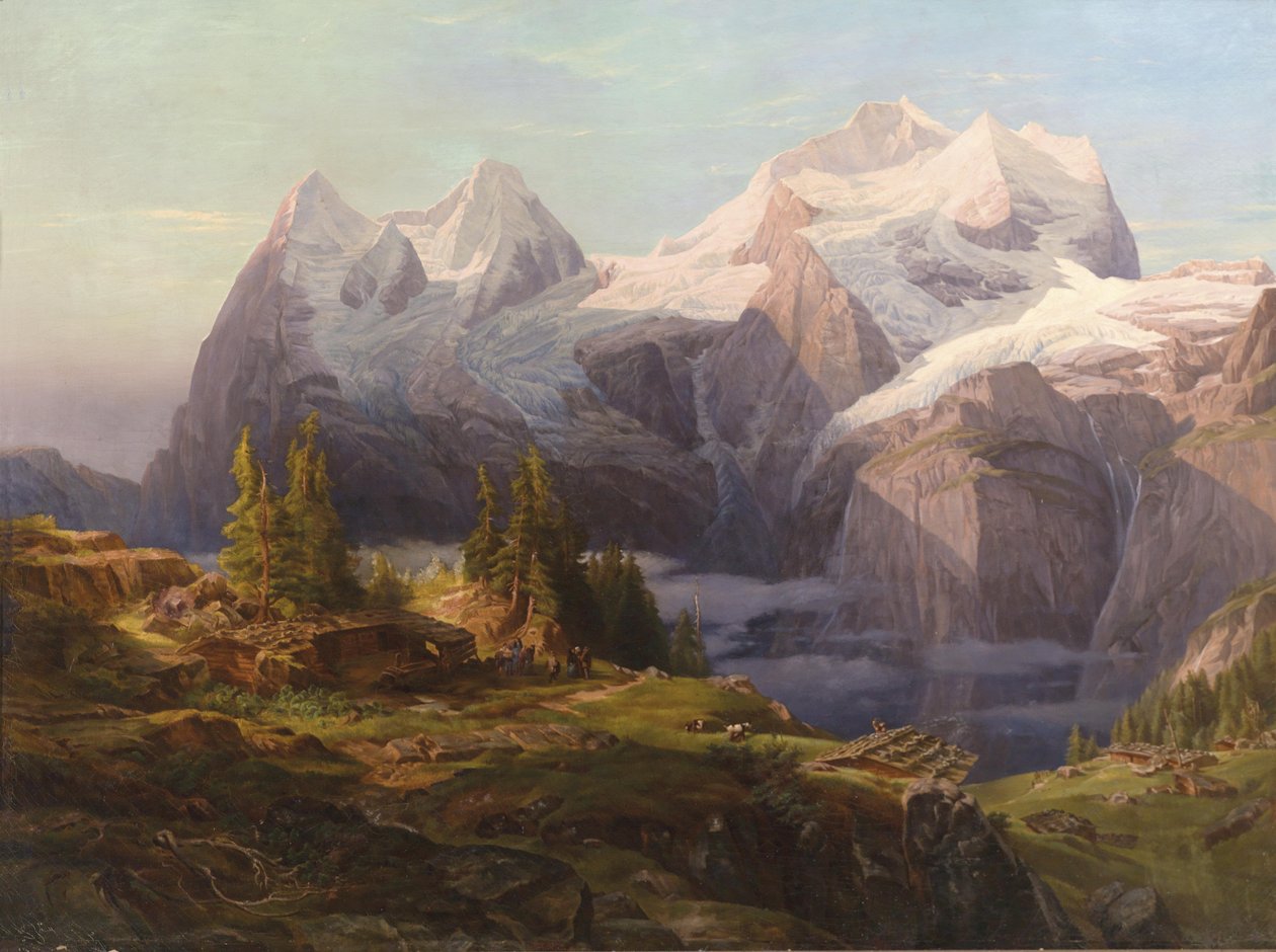 Udsigt over Berner Oberland med Mönch, Eiger og Jungfrau, figurativ personale i forgrunden af Anton Hansch