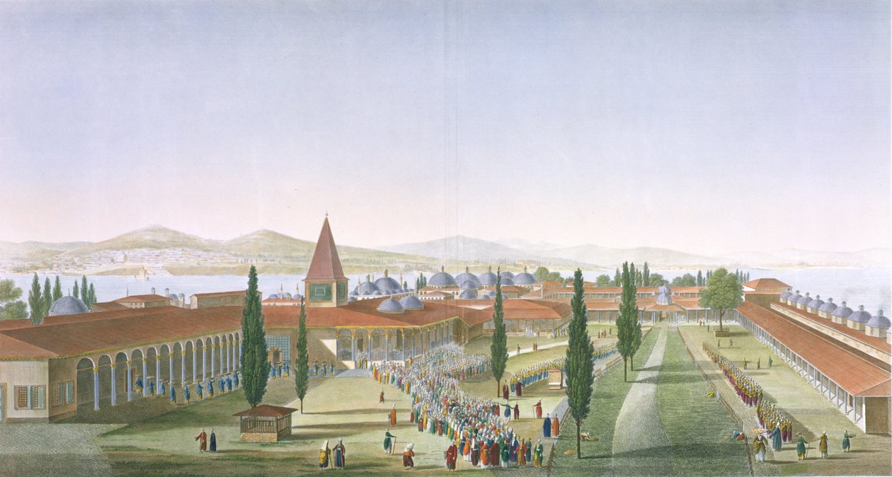 Udsigt over den indre gård i Serailet, Topkapi-paladset, Konstantinopel, graveret af Schroeder og Desmaisons, 1815 (akvaratint) af Anton Ignaz Melling
