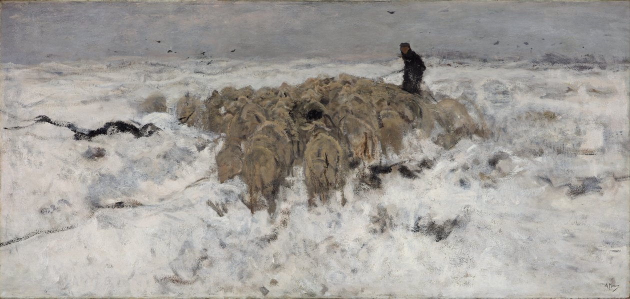 Flok får med hyrde i sneen af Anton Mauve
