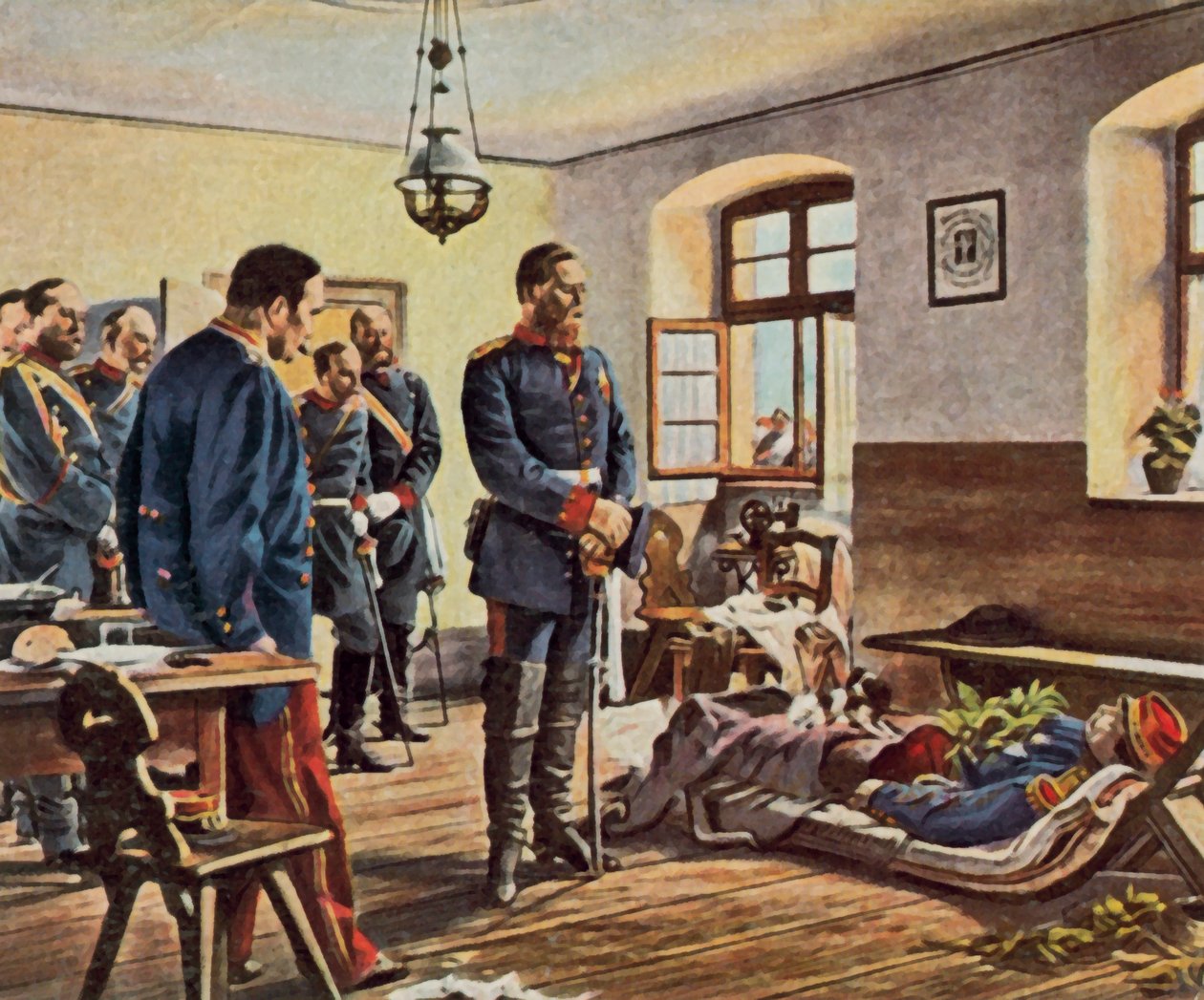 Kronprins Friedrich Wilhelm ved general Douays lig, 4. august 1870 (forstærket farvelitografi) af Anton Alexander von (after) Werner